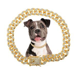 Durable Rhinestone Dog Chain Necklace Cuban Link Dog Collar, 14", Gold Tone